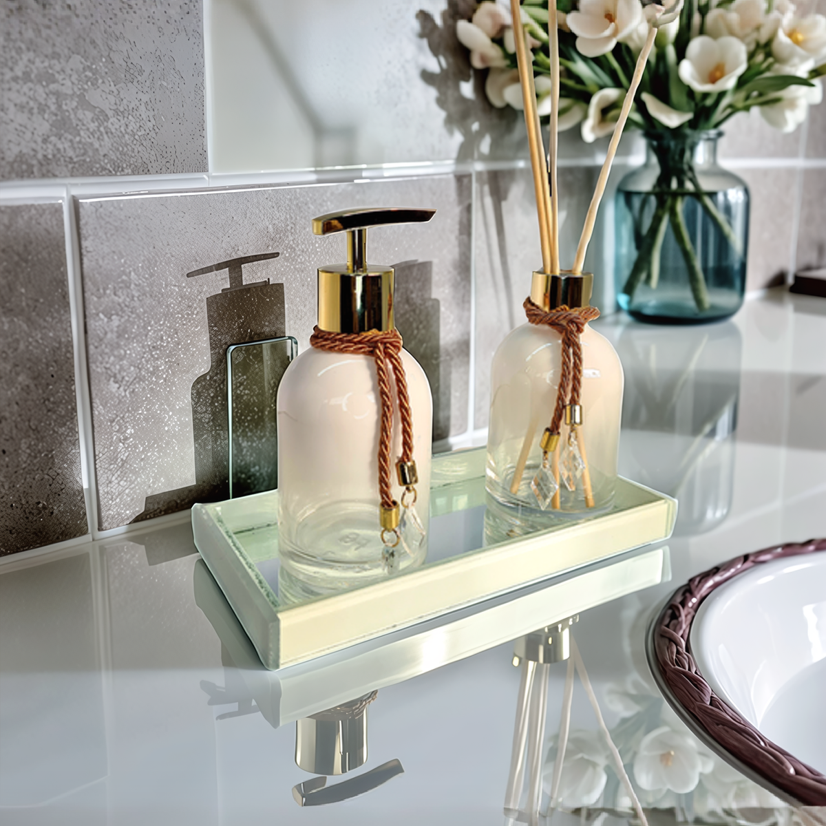 Kit Lavabo Rubelita Branco Degradê Com Dourado 250ML com Bandeja Completo