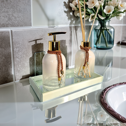 Kit Lavabo Rubelita Branco Degradê Com Dourado 250ML com Bandeja Completo