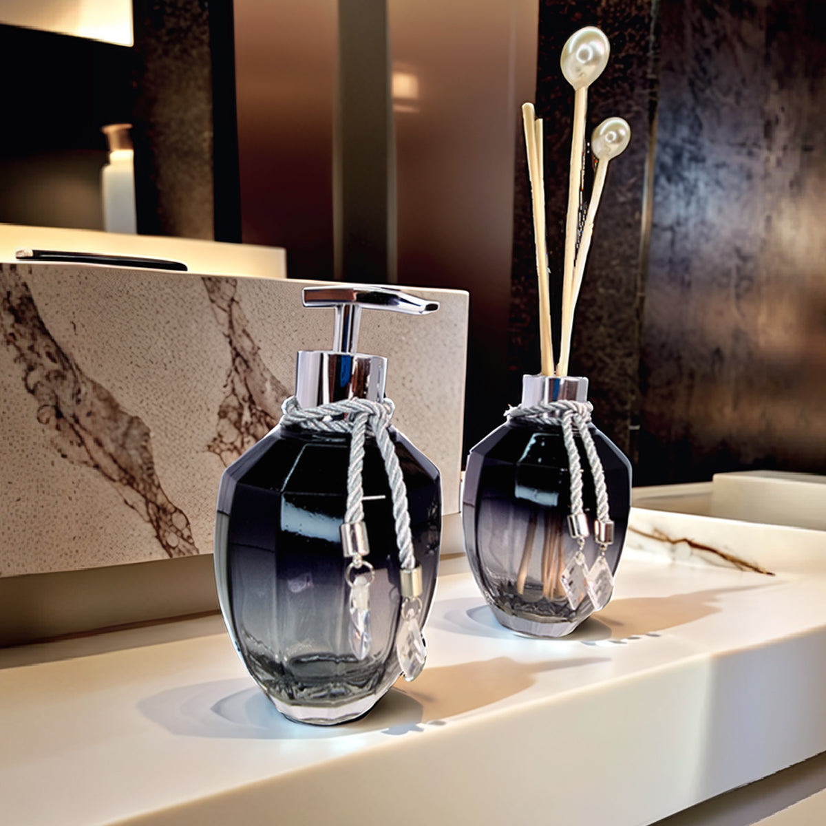 Kit Lavabo Turmalina Preto Degradê Com Prata 300 ML com Bandeja Completo