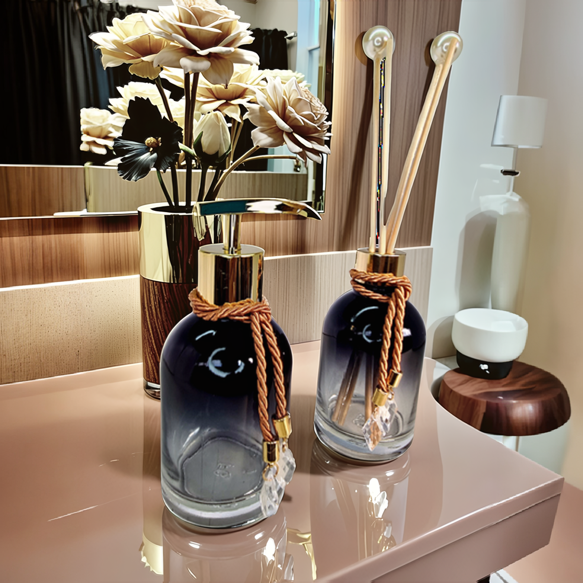 Kit Lavabo Rubelita Preto Degradê Com Dourado 250ML com Bandeja Completo